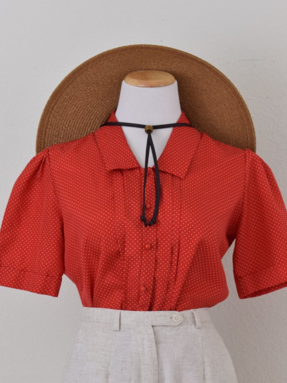 Vintage 70s Red Polka Dot Button Blouse